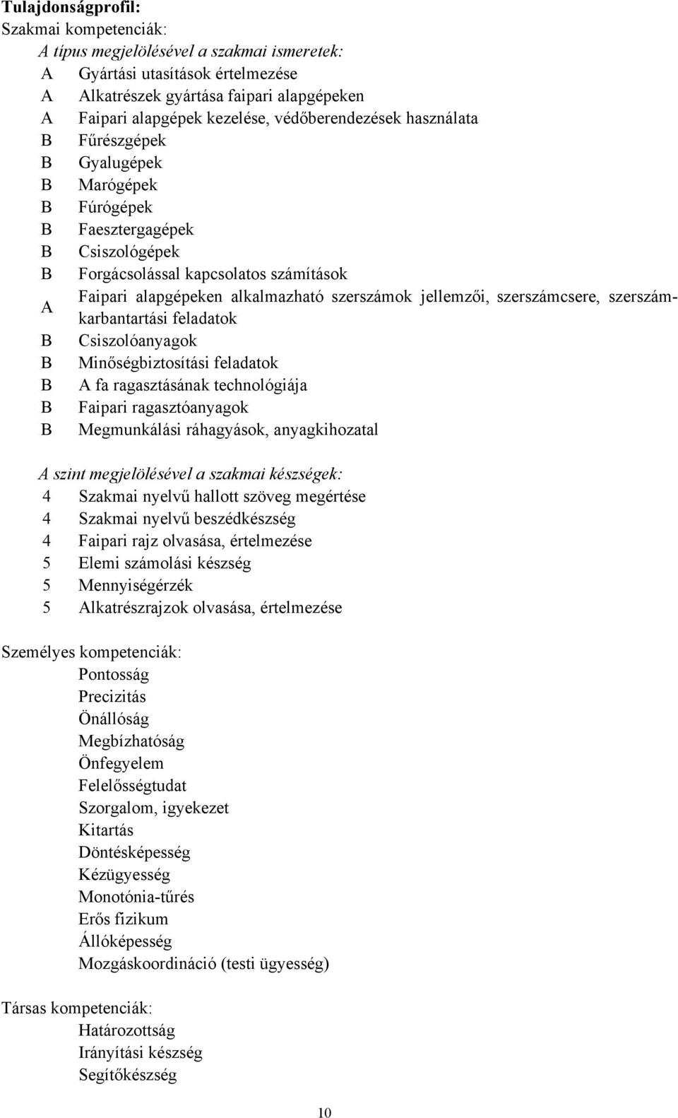 jellemzői, szerszámcsere, szerszámkarbantartási feladatok A B Csiszolóanyagok B Minőségbiztosítási feladatok B A fa ragasztásának technológiája B Faipari ragasztóanyagok B Megmunkálási ráhagyások,