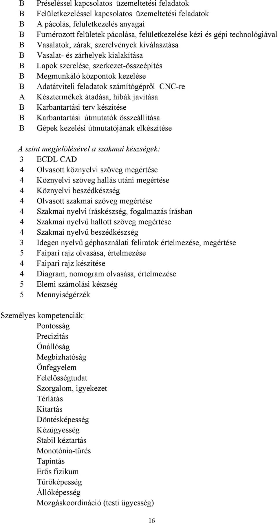 Adatátviteli feladatok számítógépről CNC-re Késztermékek átadása, hibák javítása Karbantartási terv készítése Karbantartási útmutatók összeállítása Gépek kezelési útmutatójának elkészítése A szint