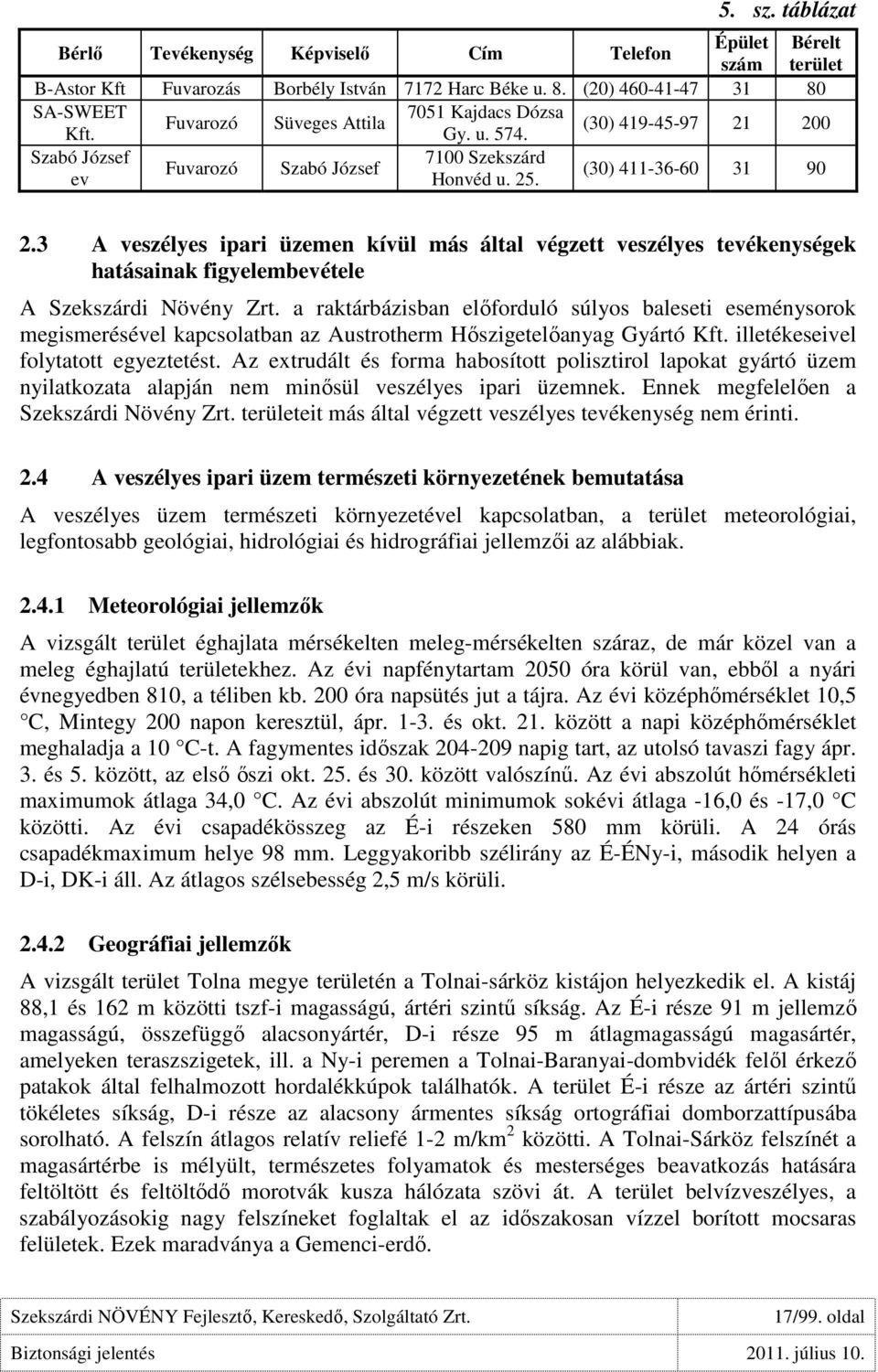 (30) 411-36-60 31 90 2.3 A veszélyes ipari üzemen kívül más által végzett veszélyes tevékenységek hatásainak figyelembevétele A Szekszárdi Növény Zrt.