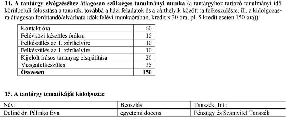 5 kredit esetén 150 óra)): Kontakt óra 60 Félévközi készülés órákra 15 Felkészülés az 1. zárthelyire 10 Felkészülés az 1.