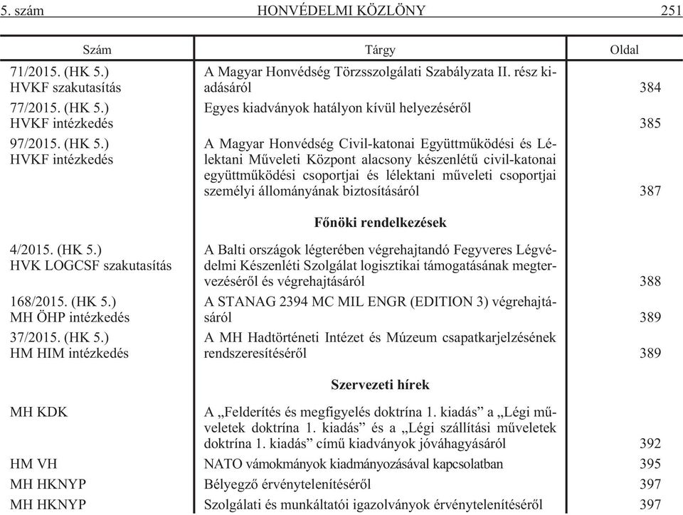csoportjai és lélektani mûveleti csoportjai személyi állományának biztosításáról 387 Fõnöki rendelkezések 4/2015. (HK 5.