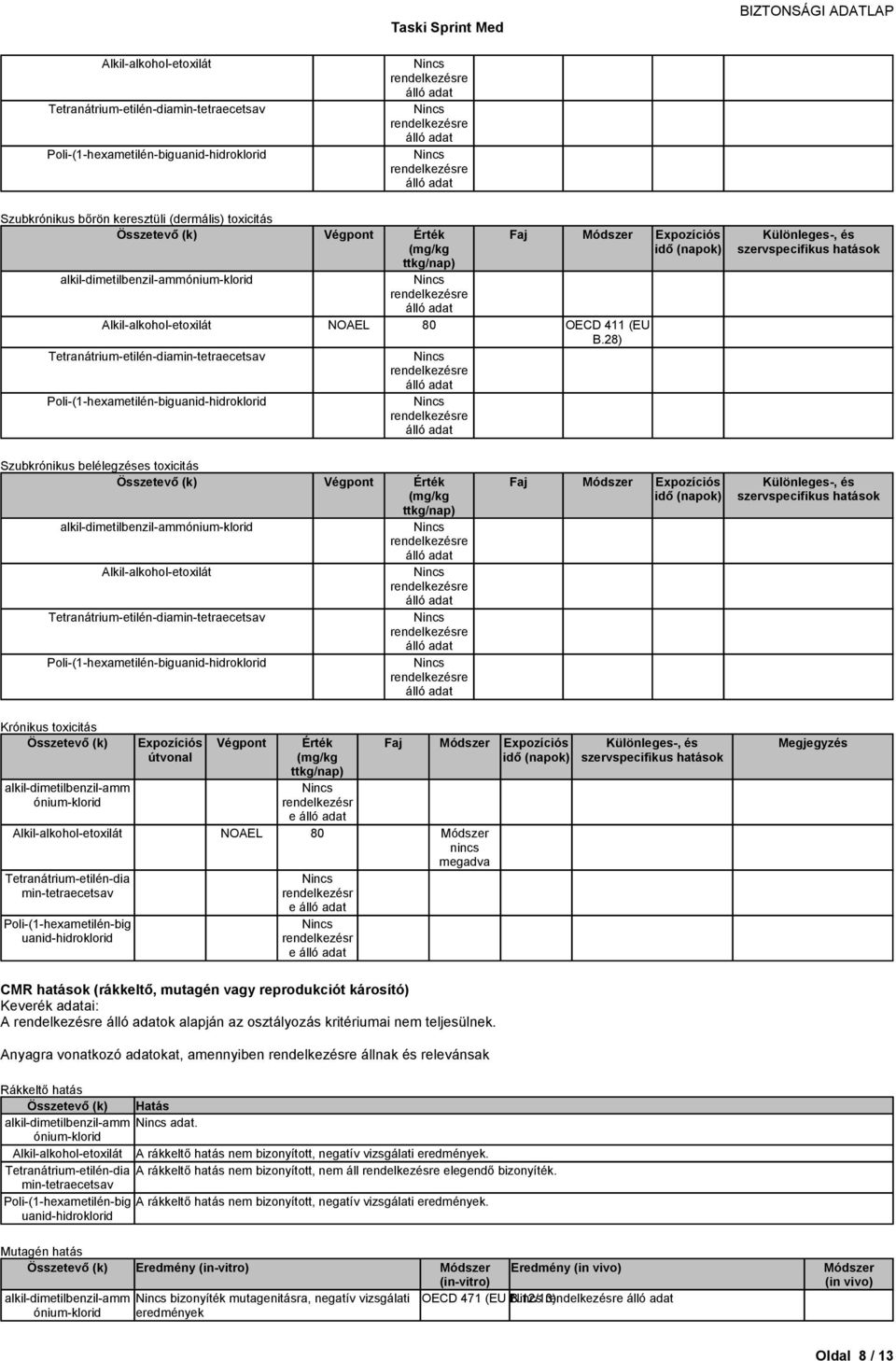 útvonal Végpont Érték (mg/kg ttkg/nap) rendelkezésr e NOAEL 80 Módszer nincs Tetranátrium-etilén-dia min-tetraecetsav Poli-(1-hexametilén-big uanid-hidroklorid rendelkezésr e rendelkezésr e