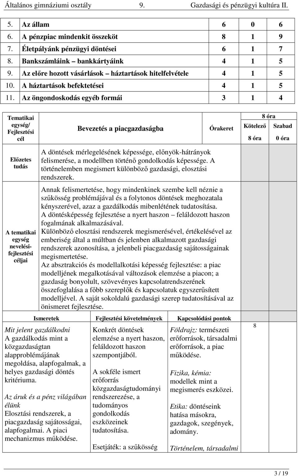 Az öngondoskodás egyéb formái 3 1 4 / Bevezetés a piacgazdaságba 8 óra 8 óra 0 óra A döntések mérlegelésének képessége, előnyök-hátrányok felismerése, a modellben történő gondolkodás képessége.