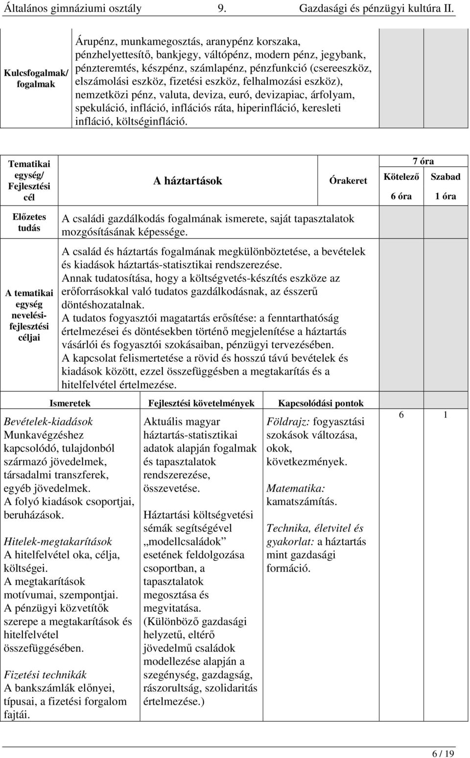 / A háztartások 7 óra 6 óra 1 óra A családi gazdálkodás fogalmának ismerete, saját tapasztalatok mozgósításának képessége.