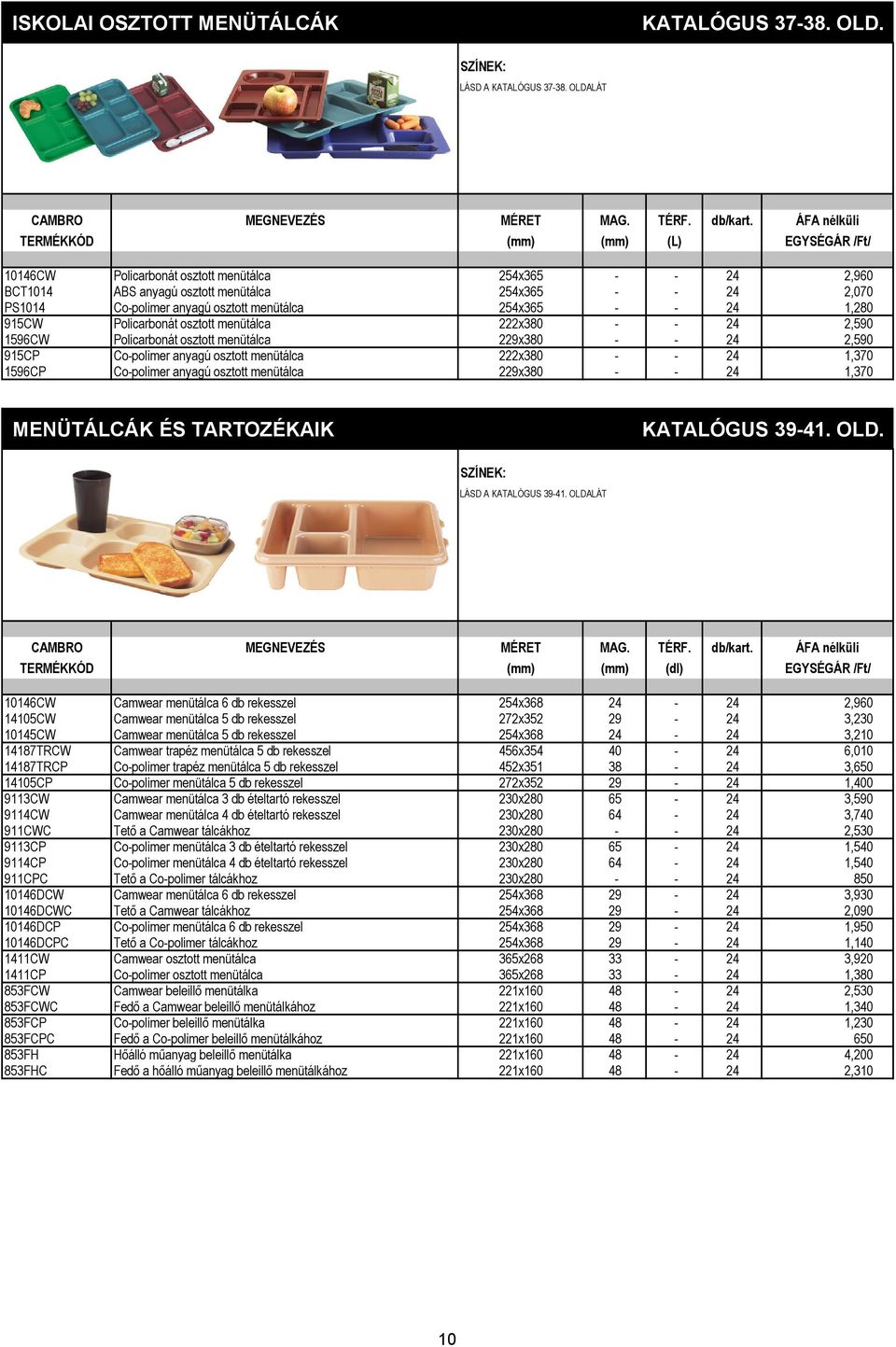 Policarbonát osztott menütálca 222x380 - - 24 2,590 1596CW Policarbonát osztott menütálca 229x380 - - 24 2,590 915CP Co-polimer anyagú osztott menütálca 222x380 - - 24 1,370 1596CP Co-polimer anyagú