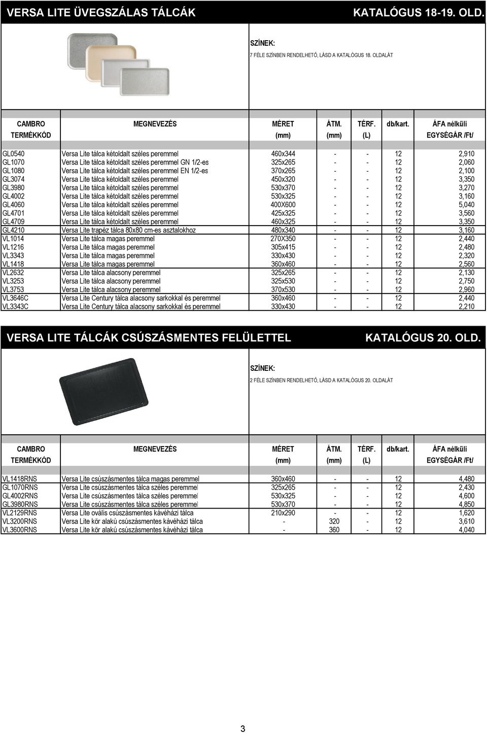 széles peremmel EN 1/2-es 370x265 - - 12 2,100 GL3074 Versa Lite tálca kétoldalt széles peremmel 450x320 - - 12 3,350 GL3980 Versa Lite tálca kétoldalt széles peremmel 530x370 - - 12 3,270 GL4002
