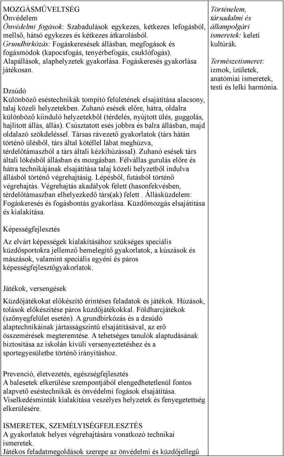 Dzsúdó Különböző eséstechnikák tompító felületének elsajátítása alacsony, talaj közeli helyzetekben.