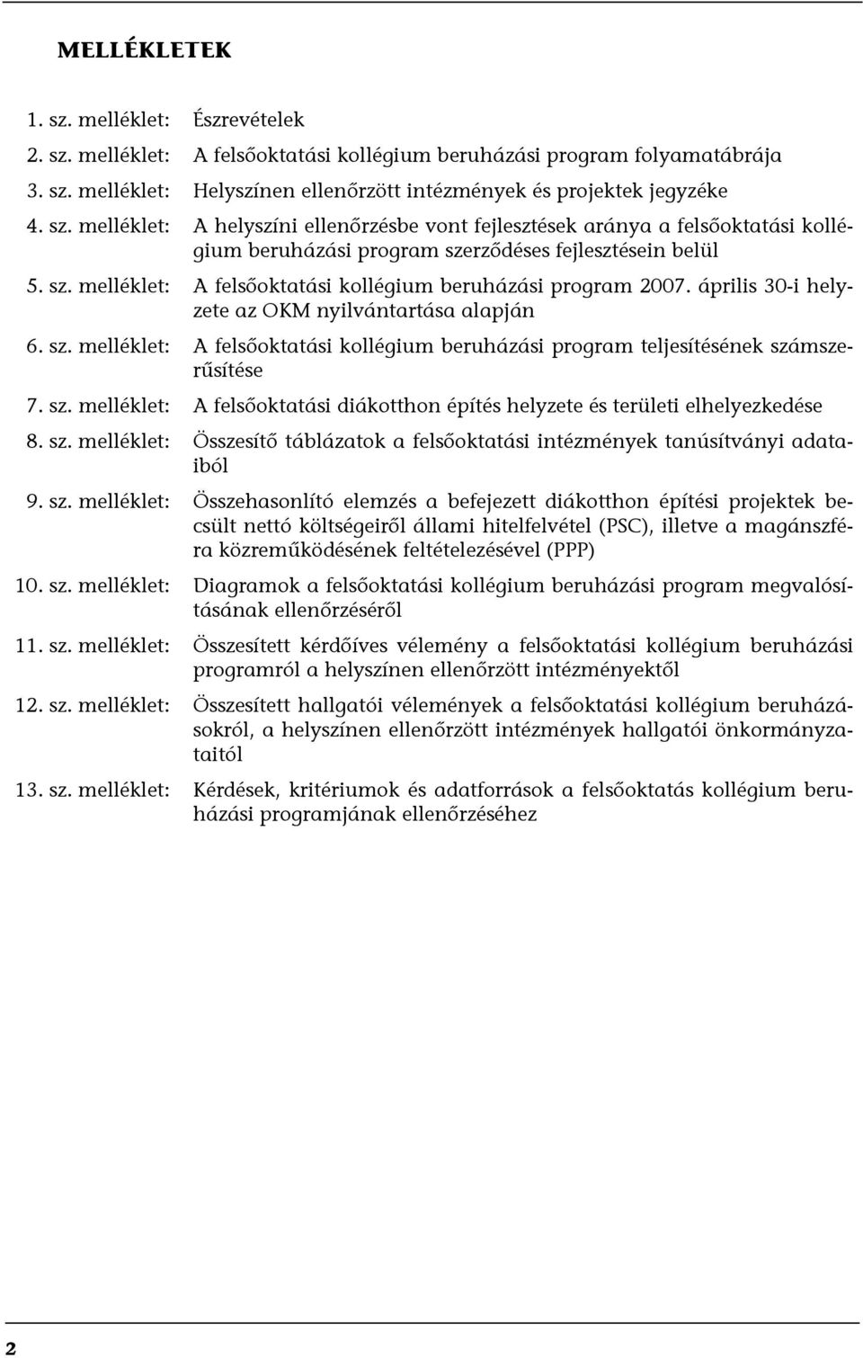 április 30-i helyzete az OKM nyilvántartása alapján 6. sz. melléklet: A felsőoktatási kollégium beruházási program teljesítésének számszerűsítése 7. sz. melléklet: A felsőoktatási diákotthon építés helyzete és területi elhelyezkedése 8.