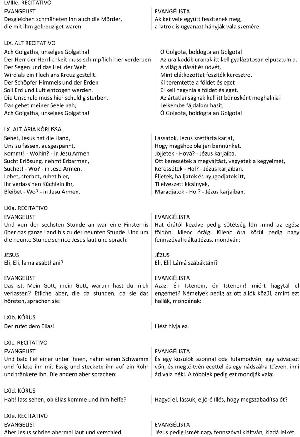 Die Unschuld muss hier schuldig sterben, Das gehet meiner Seele nah; Ach Golgatha, unselges Golgatha! LX. ALT ÁRIA KÓRUSSAL Sehet, Jesus hat die Hand, Uns zu fassen, ausgespannt, Kommt! - Wohin?