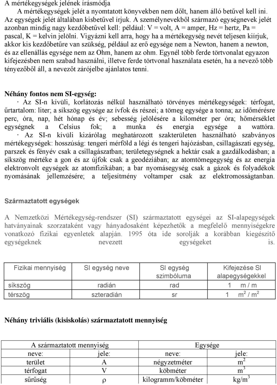 Vigyázni kell arra, hogy ha a mértékegység nevét teljesen kiírjuk, akkor kis kezdőbetűre van szükség, például az erő egysége nem a Newton, hanem a newton, és az ellenállás egysége nem az Ohm, hanem