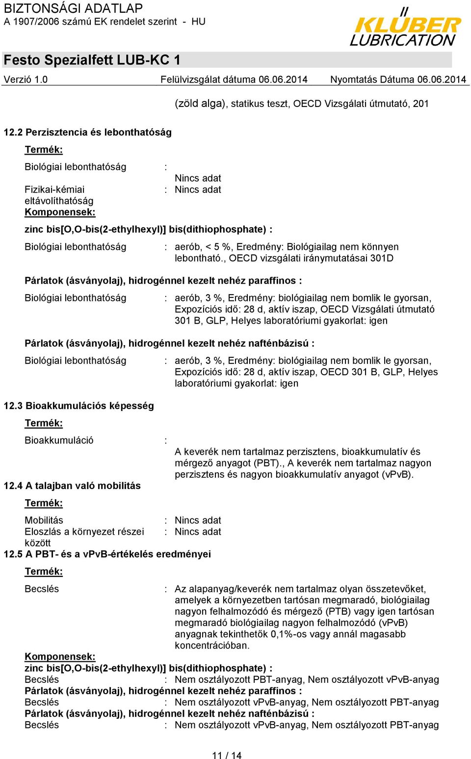 lebonthatóság : aerób, < 5 %, Eredmény: Biológiailag nem könnyen lebontható.