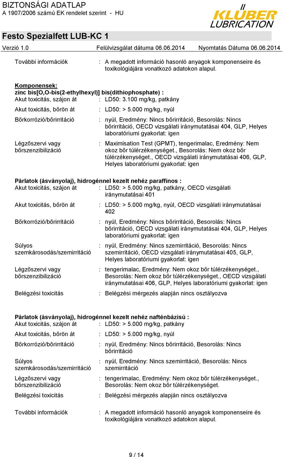 100 mg/kg, patkány Akut toxicitás, bőrön át Bőrkorrózió/bőrirritáció Légzőszervi vagy bőrszenzibilizáció : LD50: > 5.