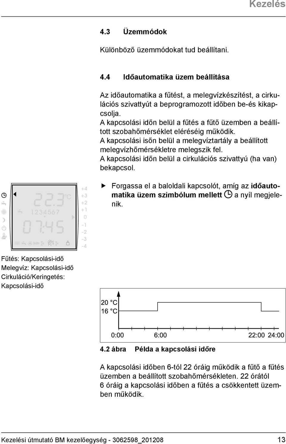 A kapcsolási időn belül a cirkulációs szivattyú (ha van) bekapcsol. Forgassa el a baloldali kapcsolót, amíg az időautomatika üzem szimbólum mellett a nyíl megjelenik.