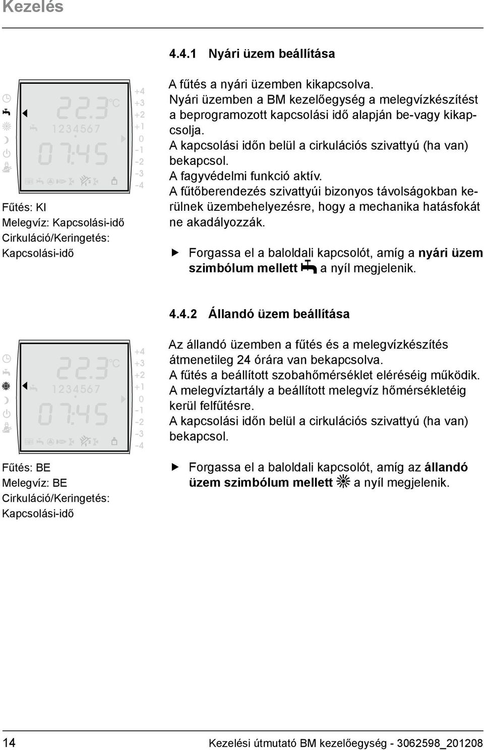 A fagyvédelmi funkció aktív. A fűtőberendezés szivattyúi bizonyos távolságokban kerülnek üzembehelyezésre, hogy a mechanika hatásfokát ne akadályozzák.