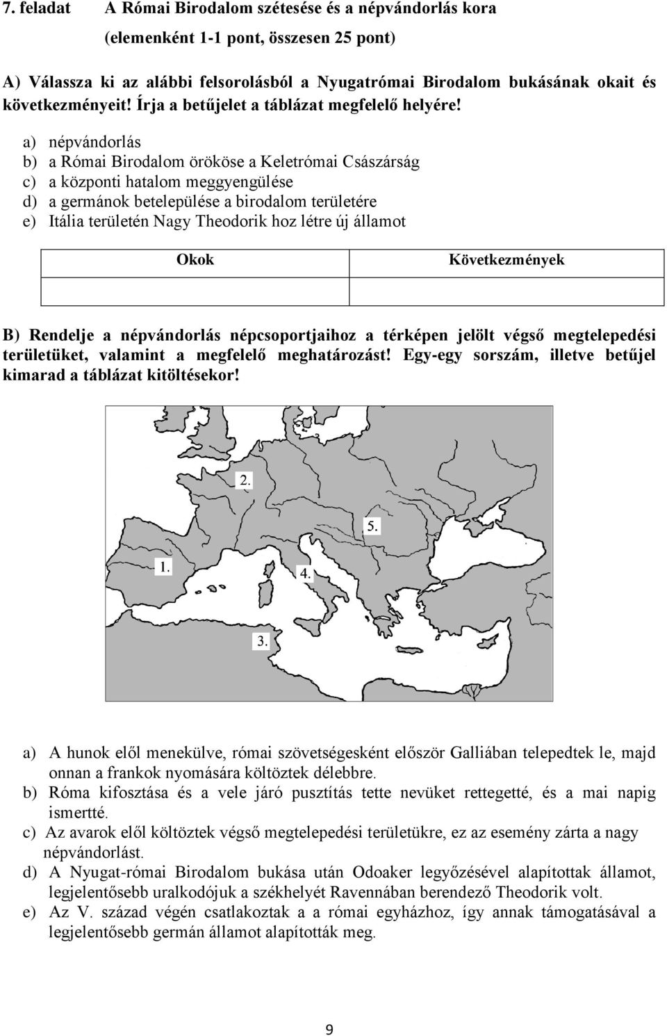 a) népvándorlás b) a Római Birodalom örököse a Keletrómai Császárság c) a központi hatalom meggyengülése d) a germánok betelepülése a birodalom területére e) Itália területén Nagy Theodorik hoz létre