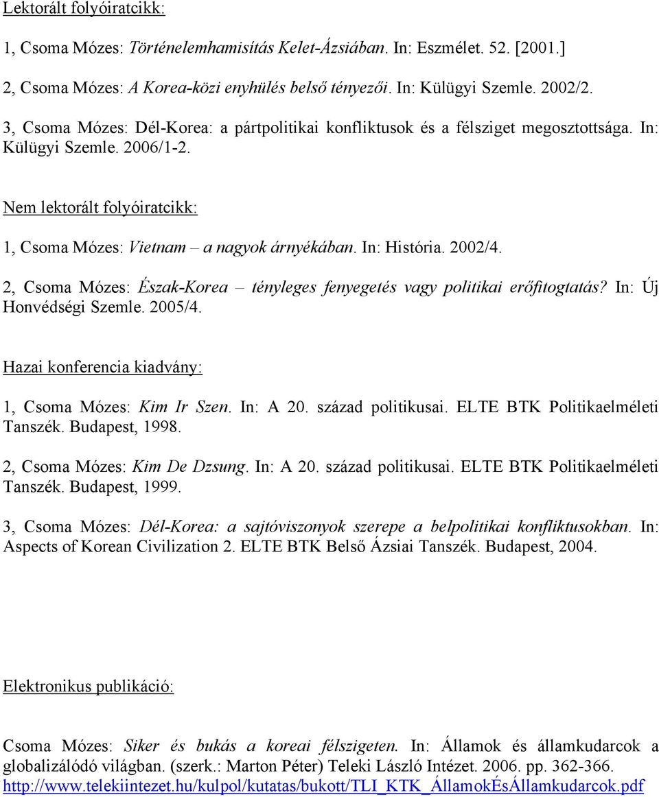 In: História. 2002/4. 2, Csoma Mózes: Észak-Korea tényleges fenyegetés vagy politikai erőfitogtatás? In: Új Honvédségi Szemle. 2005/4. Hazai konferencia kiadvány: 1, Csoma Mózes: Kim Ir Szen.