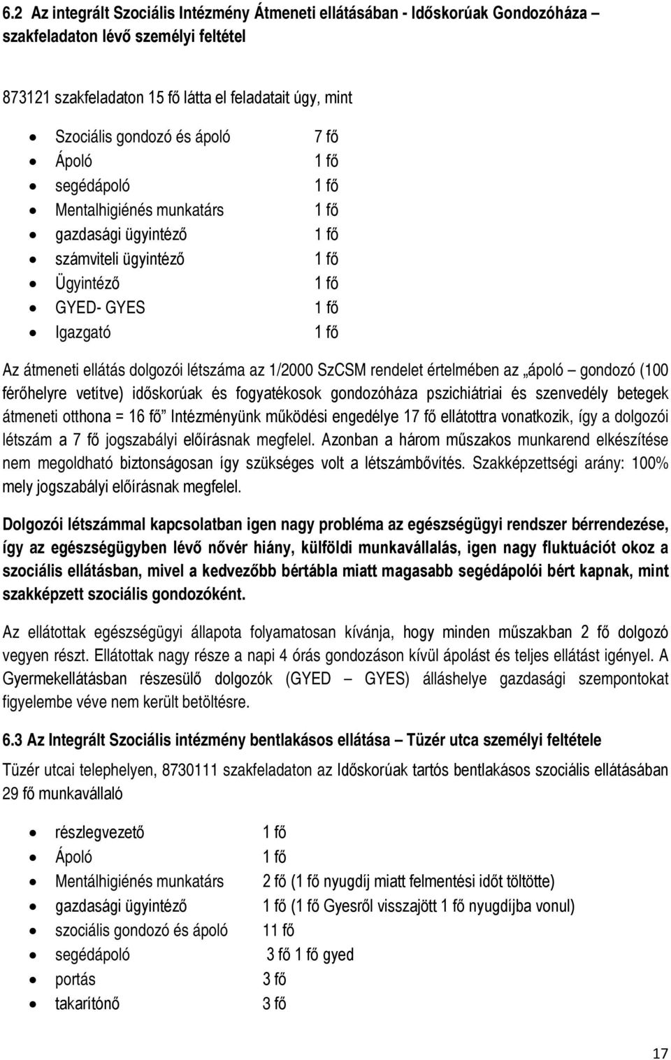 létszáma az 1/2000 SzCSM rendelet értelmében az ápoló gondozó (100 férőhelyre vetítve) időskorúak és fogyatékosok gondozóháza pszichiátriai és szenvedély betegek átmeneti otthona = 16 fő Intézményünk