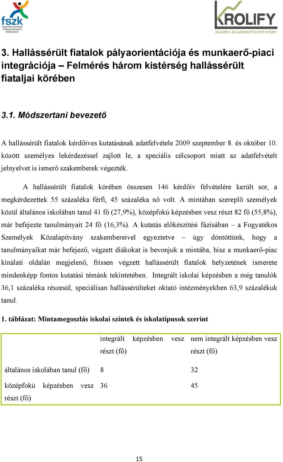 között személyes lekérdezéssel zajlott le, a speciális célcsoport miatt az adatfelvételt jelnyelvet is ismerő szakemberek végezték.