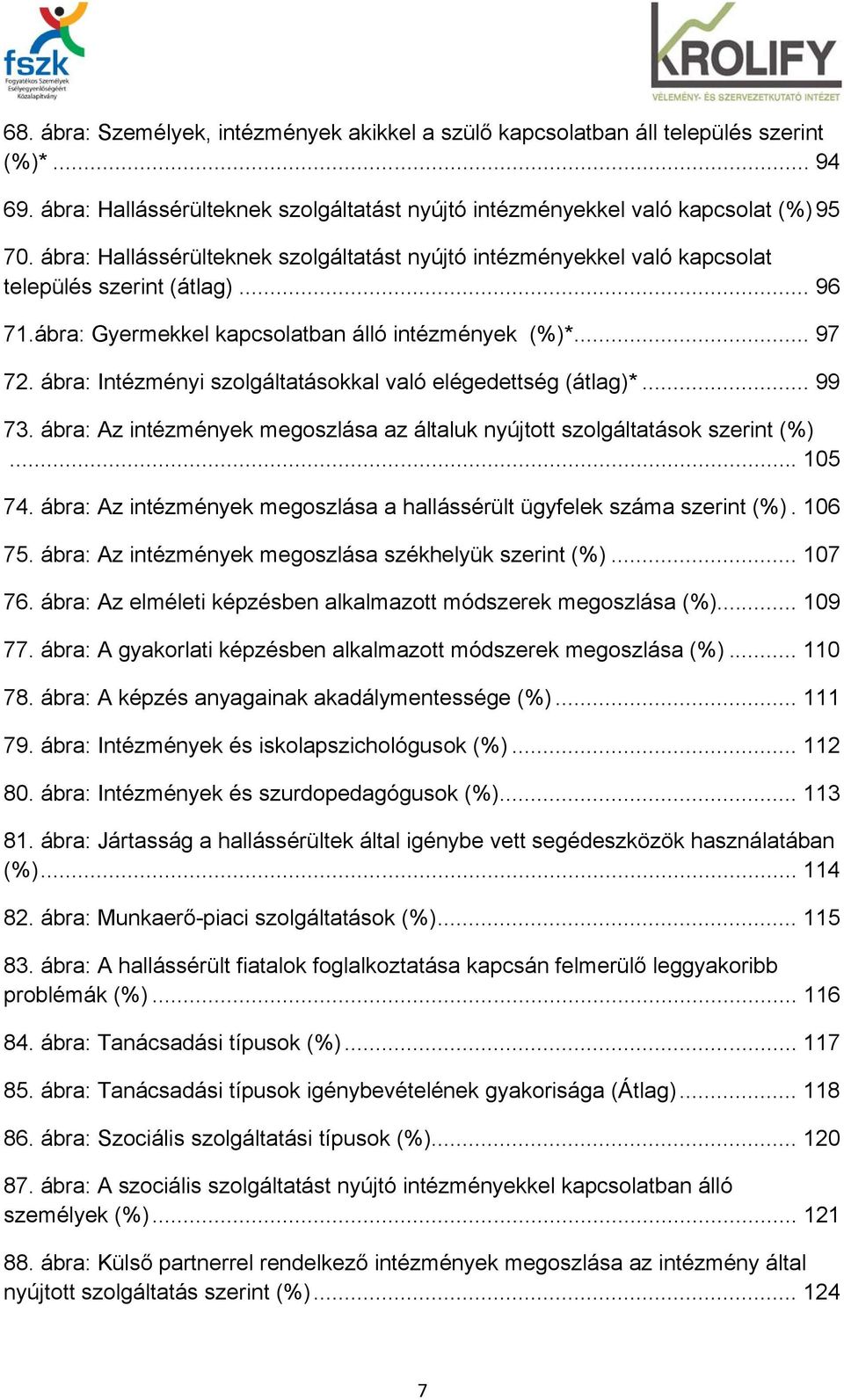 ábra: Intézményi szolgáltatásokkal való elégedettség (átlag)*... 99 73. ábra: Az intézmények megoszlása az általuk nyújtott szolgáltatások szerint (%)... 105 74.