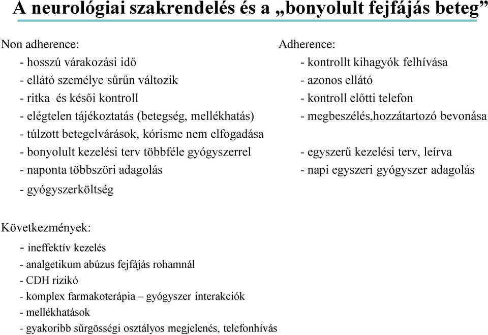 - bonyolult kezelési terv többféle gyógyszerrel - egyszerű kezelési terv, leírva - naponta többszöri adagolás - napi egyszeri gyógyszer adagolás - gyógyszerköltség Következmények: -