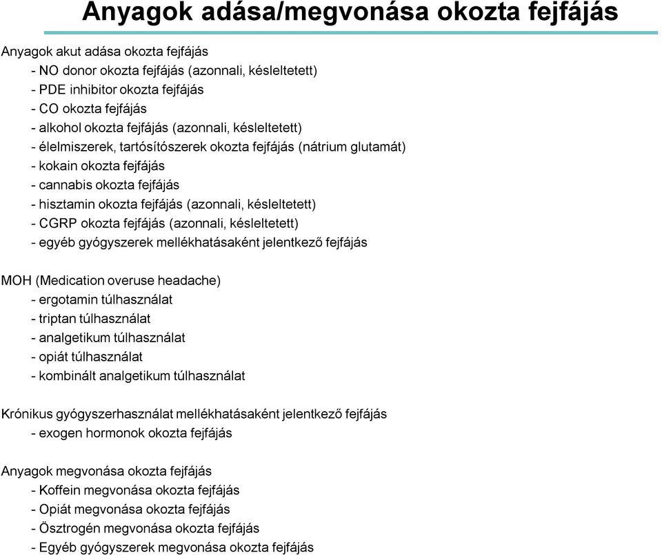 késleltetett) - CGRP okozta fejfájás (azonnali, késleltetett) - egyéb gyógyszerek mellékhatásaként jelentkező fejfájás MOH (Medication overuse headache) - ergotamin túlhasználat - triptan