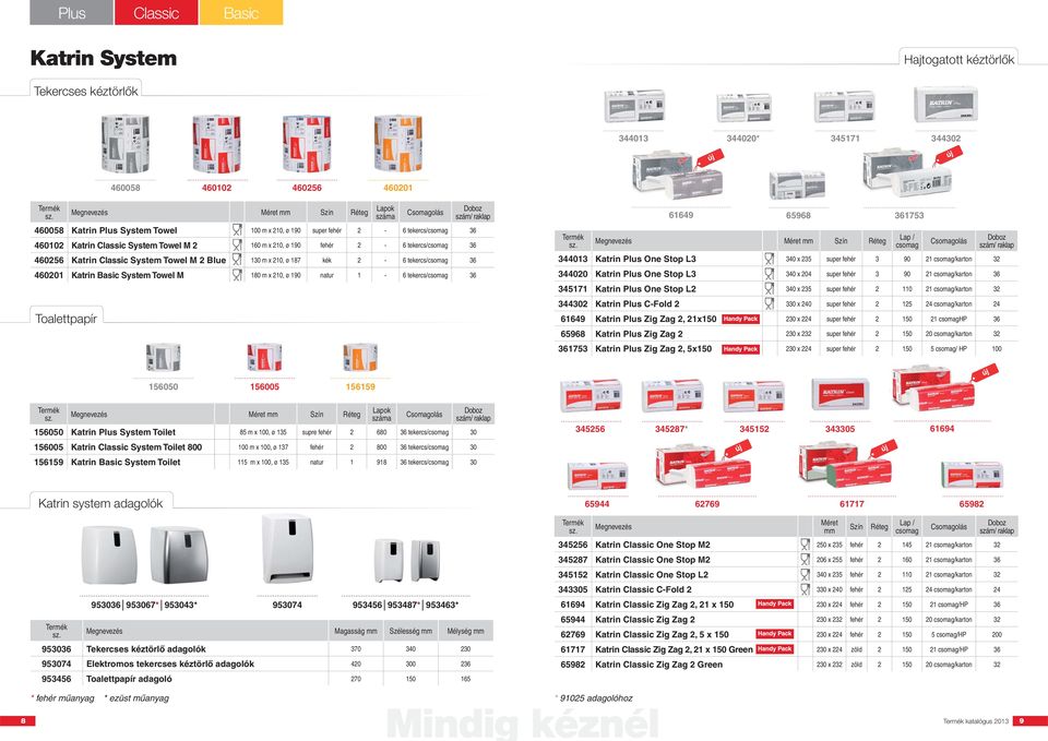 System Towel M 180 m x 210, ø 190 natur 1-6 tekercs/csomag 36 Toalettpapír 61649 65968 361753 Lap / csomag 344013 Katrin Plus One Stop L3 340 x 235 super fehér 3 90 21 csomag/karton 32 344020 Katrin