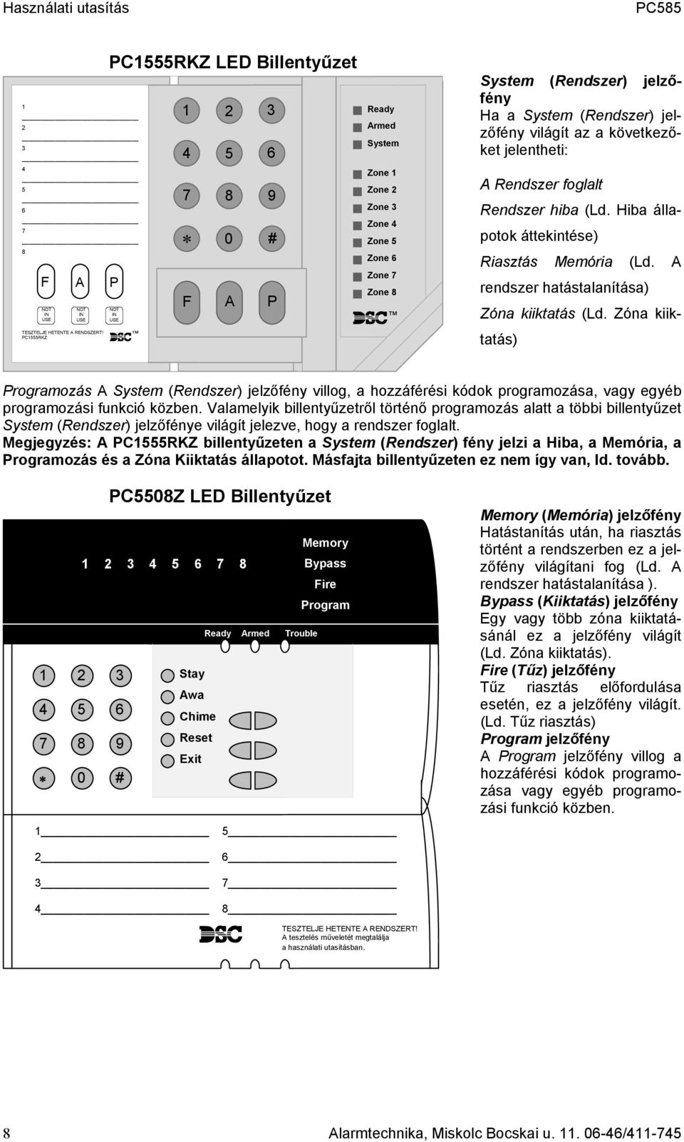 jelzőfény világít az a következőket jelentheti: A Rendszer foglalt Rendszer hiba (Ld. Hiba állapotok áttekintése) Riasztás Memória (Ld. A rendszer hatástalanítása) Zóna kiiktatás (Ld.