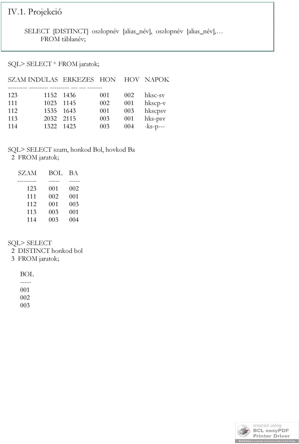 hkscpsv 113 2032 2115 003 001 hks-psv 114 1322 1423 003 004 -ks-p--- SQL> SELECT szam, honkod Bol, hovkod Ba 2 FROM jaratok; SZAM BOL BA