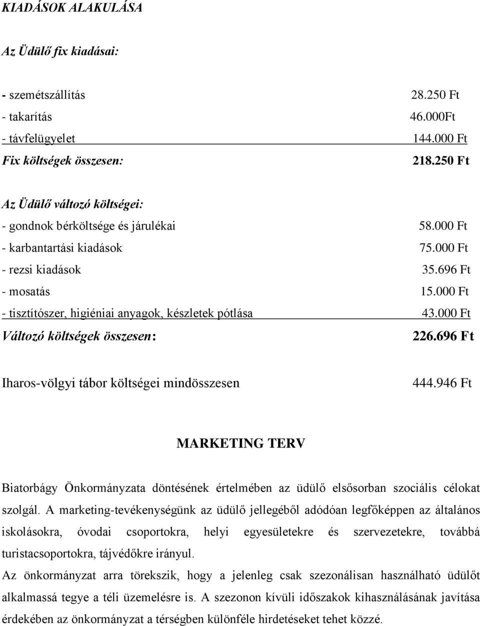 000 Ft - tisztítószer, higiéniai anyagok, készletek pótlása 43.000 Ft Változó költségek összesen: 226.696 Ft Iharos-völgyi tábor költségei mindösszesen 444.