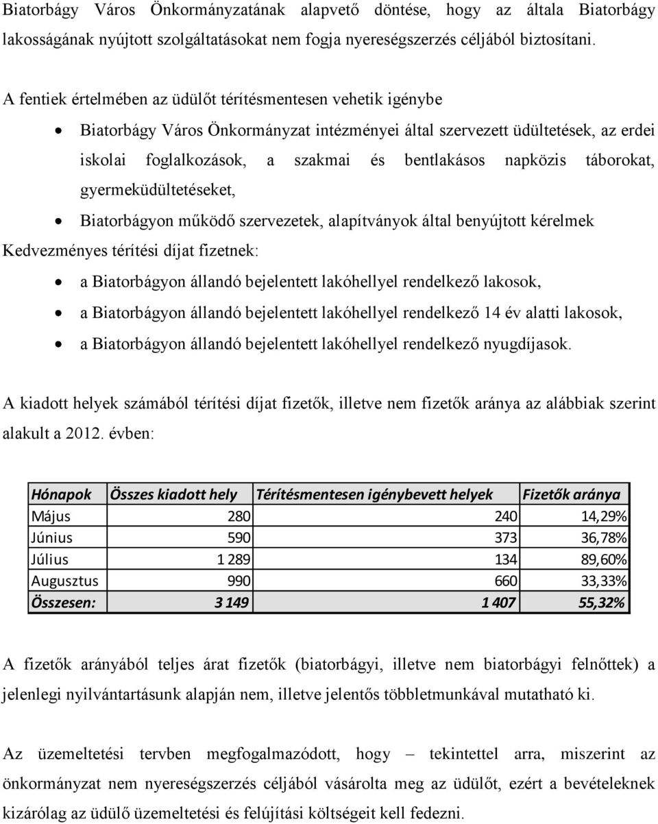 napközis táborokat, gyermeküdültetéseket, Biatorbágyon működő szervezetek, alapítványok által benyújtott kérelmek Kedvezményes térítési díjat fizetnek: a Biatorbágyon állandó bejelentett lakóhellyel