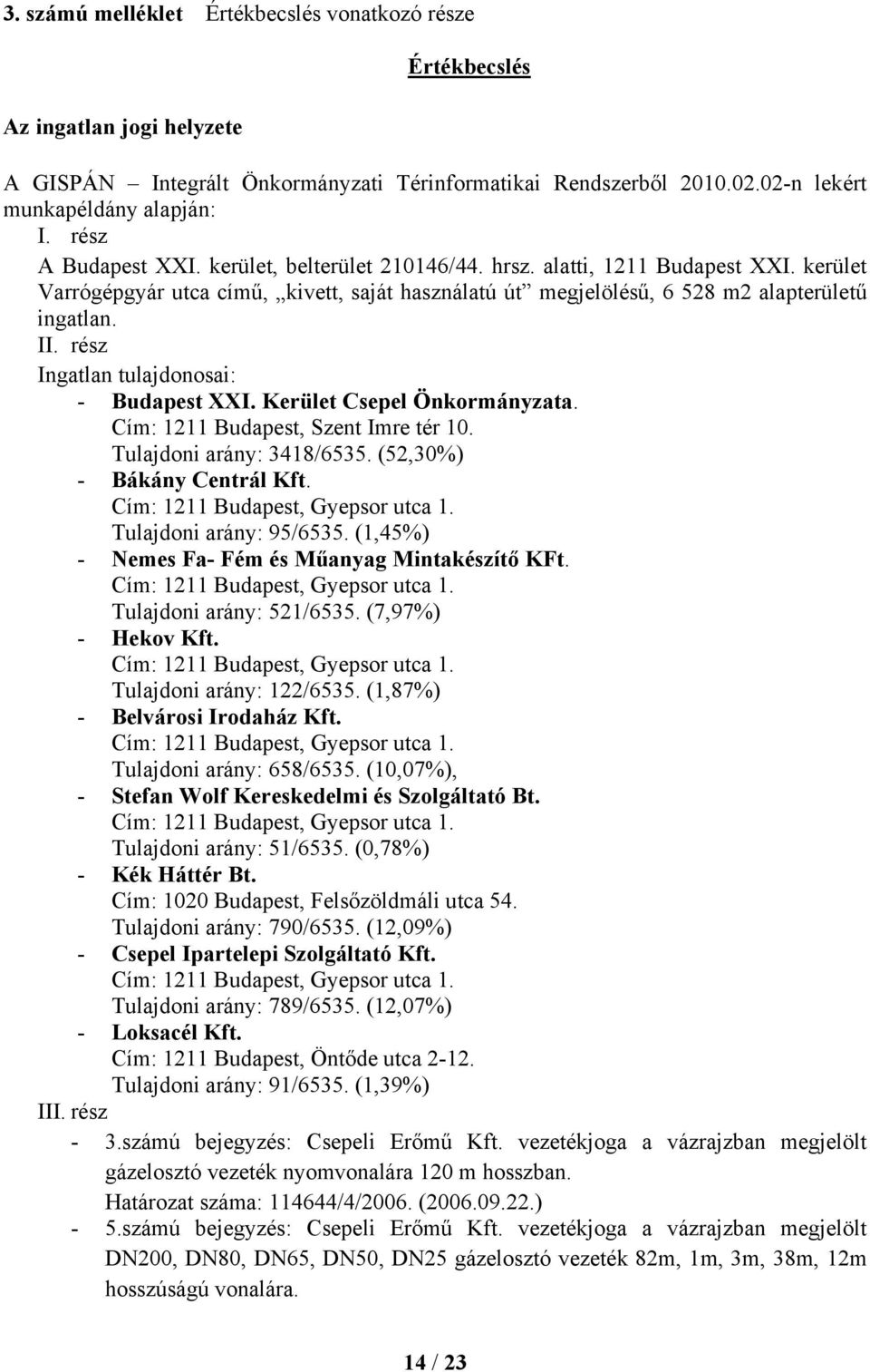 rész Ingatlan tulajdonosai: - Budapest XXI. Kerület Csepel Önkormányzata. Cím: 1211 Budapest, Szent Imre tér 10. Tulajdoni arány: 3418/6535. (52,30%) - Bákány Centrál Kft. Tulajdoni arány: 95/6535.