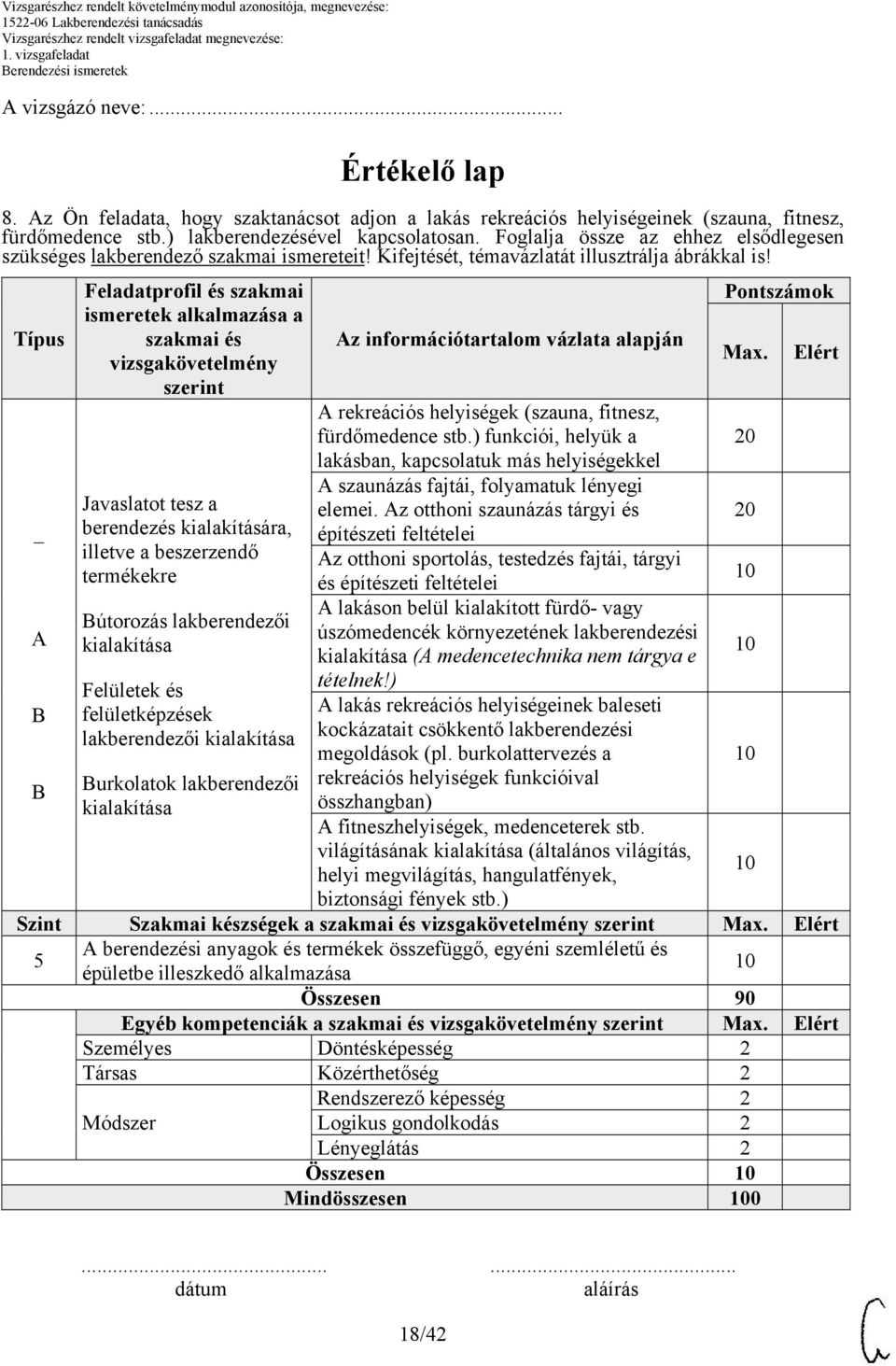 Típus A B B Feladatprofil és szakmai ismeretek alkalmazása a szakmai és vizsgakövetelmény szerint Javaslatot tesz a berendezés kialakítására, illetve a beszerzendő termékekre Bútorozás lakberendezői