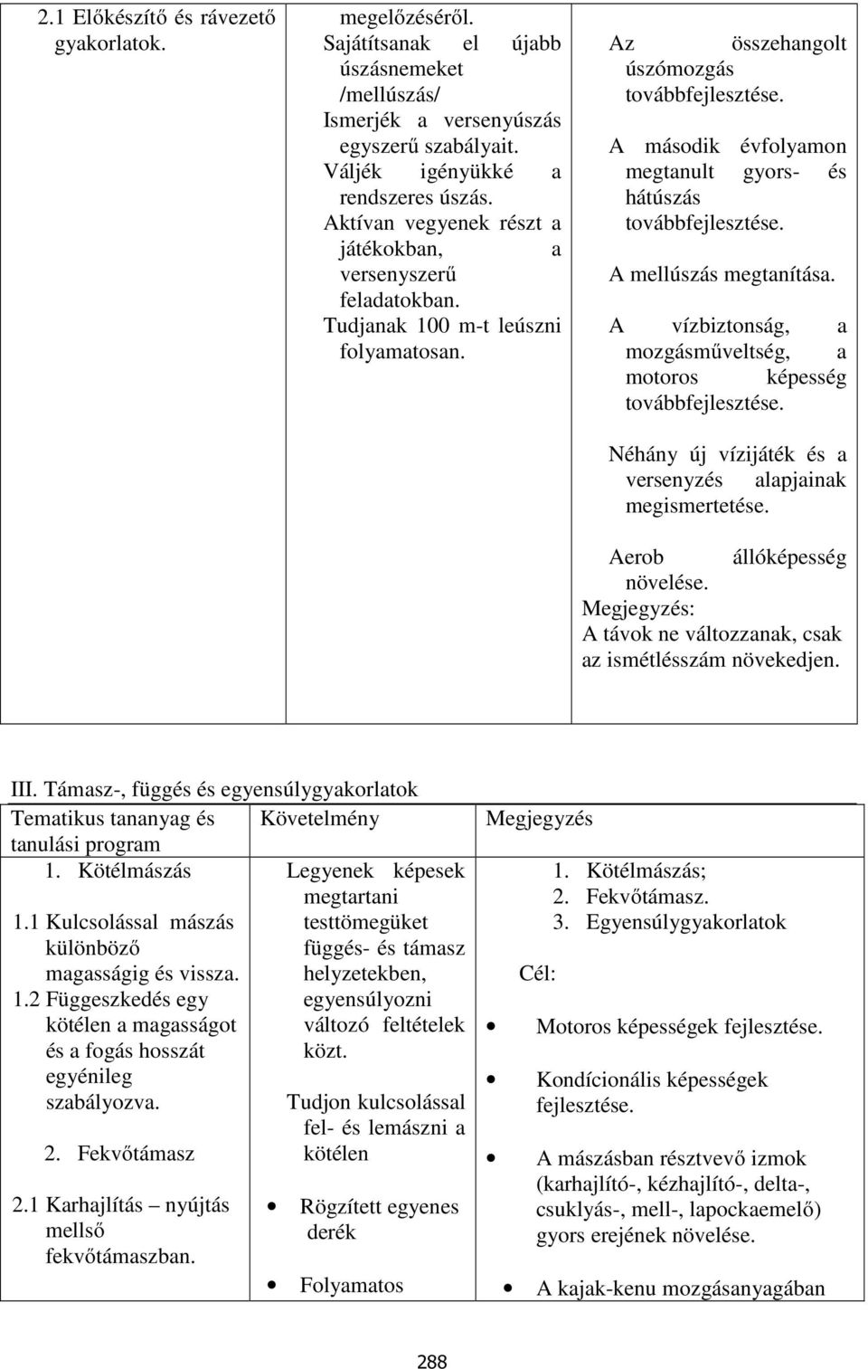 A második évfolyamon megtanult gyors- és hátúszás továbbfejlesztése. A mellúszás megtanítása. A vízbiztonság, a mozgásműveltség, a motoros képesség továbbfejlesztése.