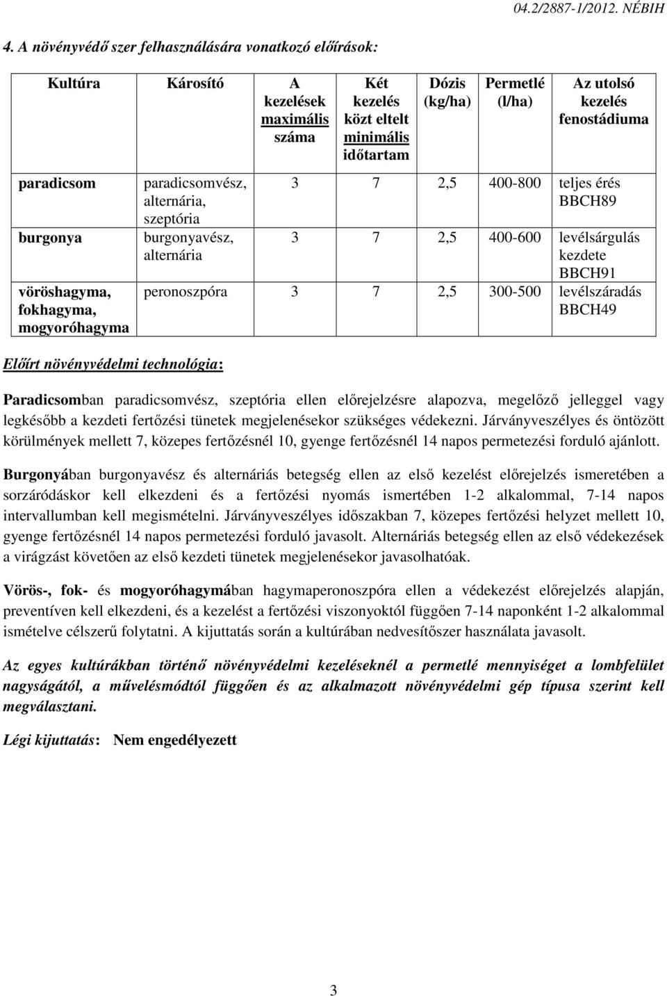 burgonyavész, alternária Előírt növényvédelmi technológia: Két kezelés közt eltelt minimális időtartam Dózis (kg/ha) Permetlé (l/ha) Az utolsó kezelés fenostádiuma 3 7 2,5 400-800 teljes érés BBCH89