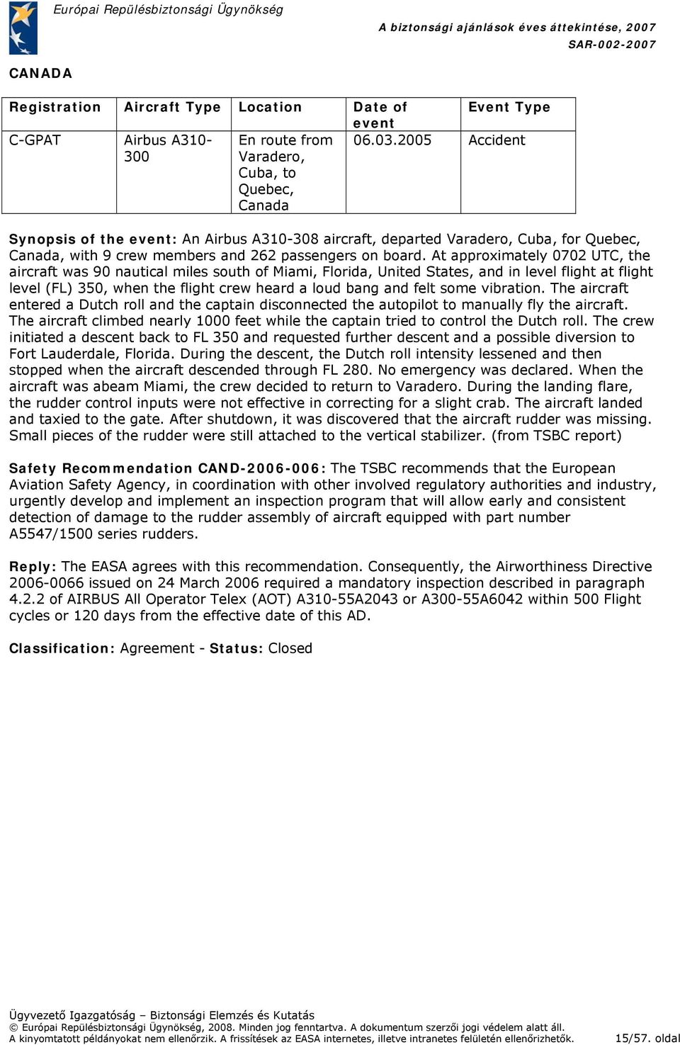 At approximately 0702 UTC, the aircraft was 90 nautical miles south of Miami, Florida, United States, and in level flight at flight level (FL) 350, when the flight crew heard a loud bang and felt