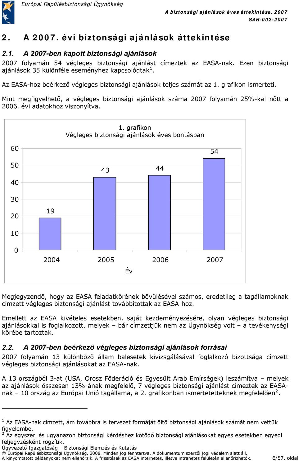 Mint megfigyelhető, a végleges biztonsági ajánlások száma 2007 folyamán 25%-kal nőtt a 2006. évi adatokhoz viszonyítva. 1.