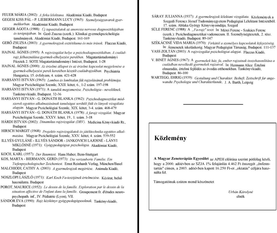 161-169 GERŐ ZSUZSA (2003): A gyermekrajzok esztétikuma és más írások. Flaccus Kiadó, HAJNAL ÁGNES (1995): A rajzvizsgálat helye a pszichodiagnosztikában.