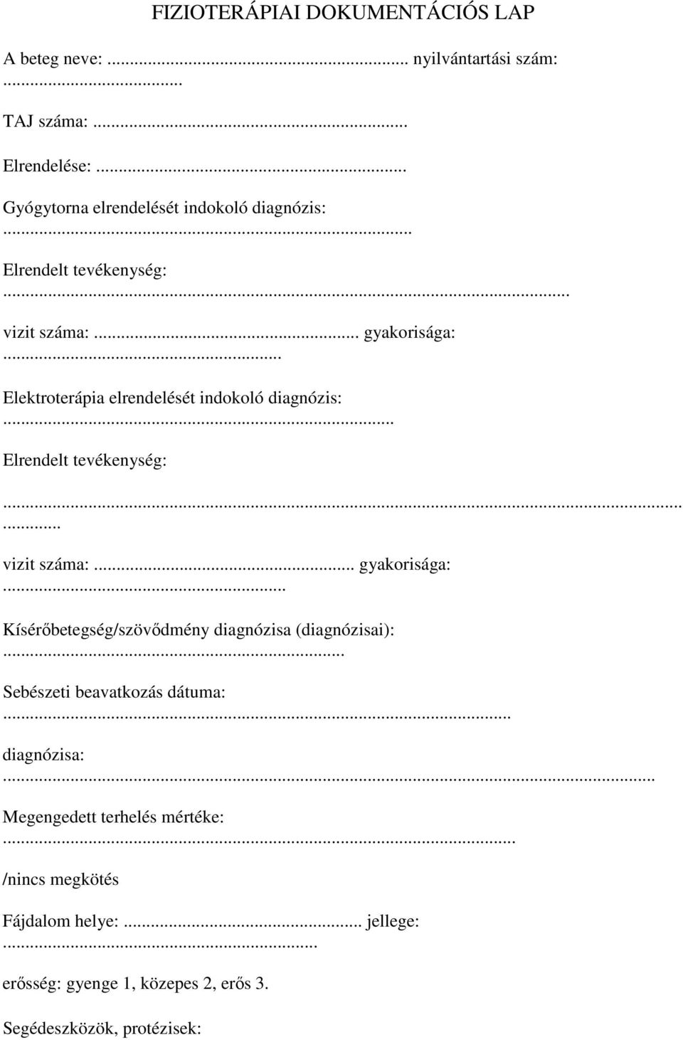 .. Elektroterápia elrendelését indokoló diagnózis:... Elrendelt tevékenység: vizit száma:... gyakorisága:.