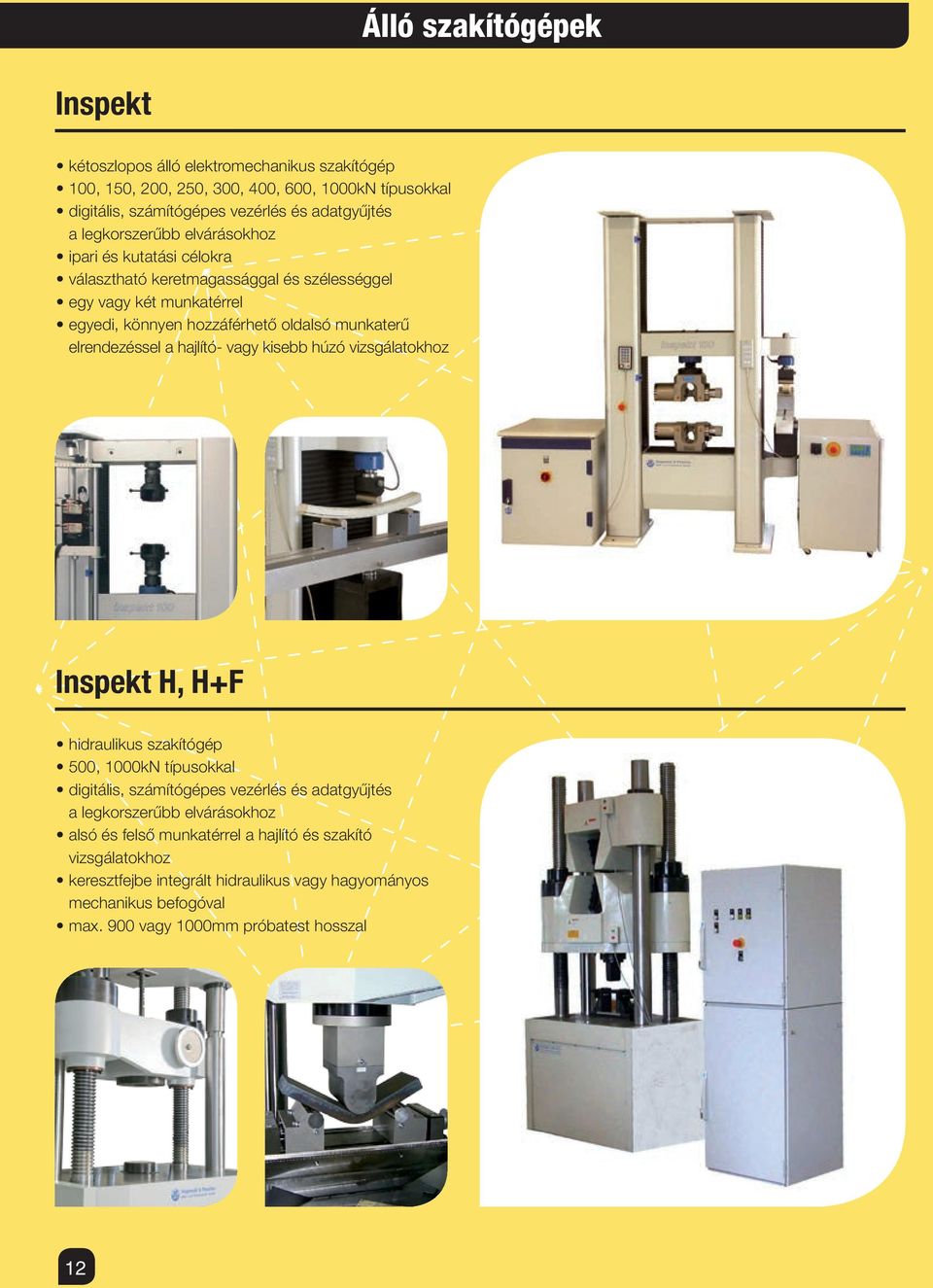 elrendezéssel a hajlító- vagy kisebb húzó vizsgálatokhoz Inspekt H, H+F hidraulikus szakítógép 500, 1000kN típusokkal digitális, számítógépes vezérlés és adatgyűjtés a