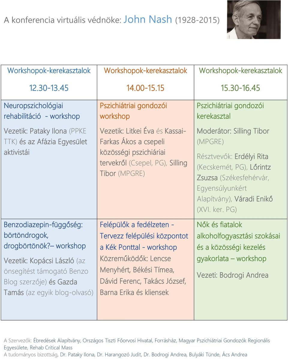 15 Pszichiátriai gondozói workshop Vezetik: Litkei Éva és Kassai- Farkas Ákos a csepeli közösségi pszichiáriai tervekről (Csepel, PG), Silling Tibor (MPGRE) Felépülők a fedélzeten - Tervezz