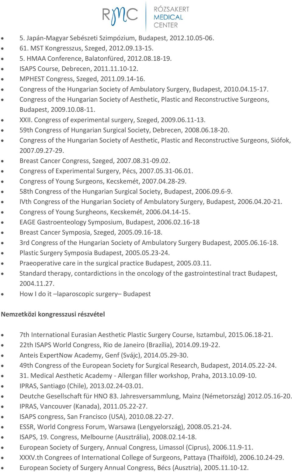 Congress of the Hungarian Society of Aesthetic, Plastic and Reconstructive Surgeons, Budapest, 2009.10.08-11. XXII. Congress of experimental surgery, Szeged, 2009.06.11-13.