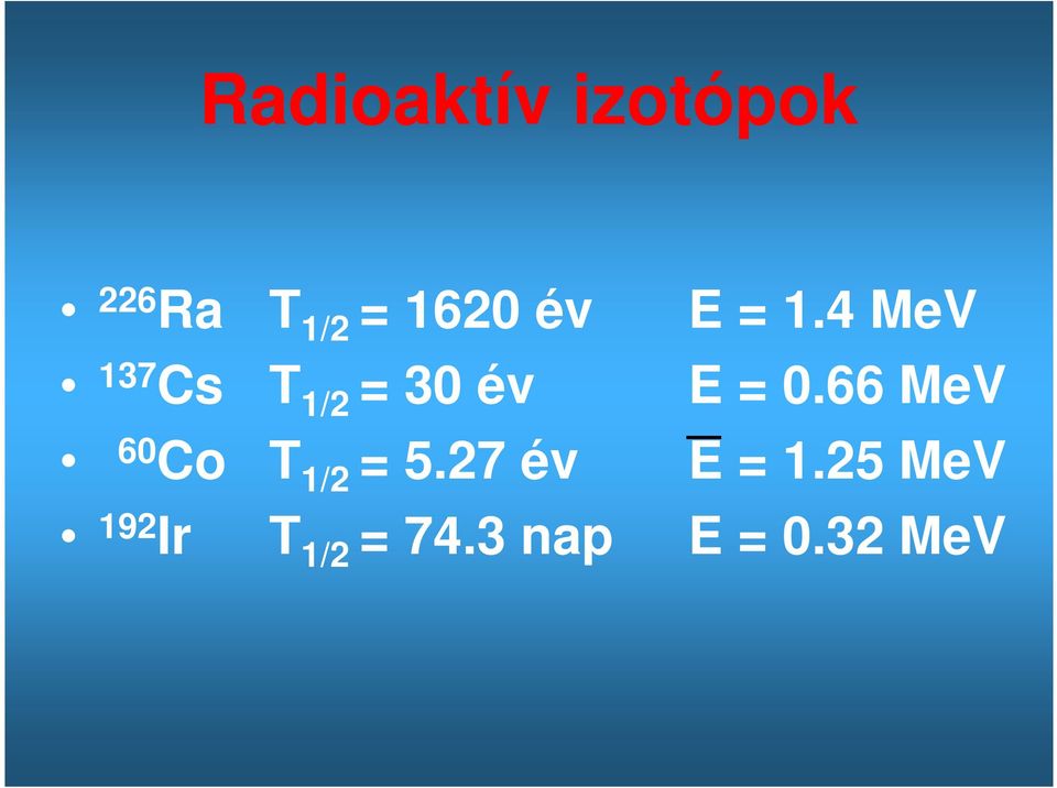 4 MeV 137 Cs T 1/2 = 30 év E = 0.