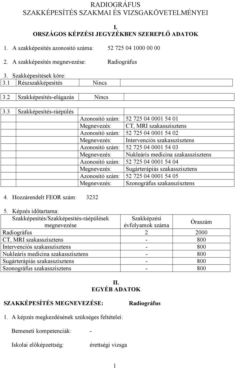 3 Szakképesítés-ráépülés Azonosító szám: 52 725 04 0001 54 01 Megnevezés: CT, MRI szakasszisztens Azonosító szám: 52 725 04 0001 54 02 Megnevezés: Intervenciós szakasszisztens Azonosító szám: 52 725