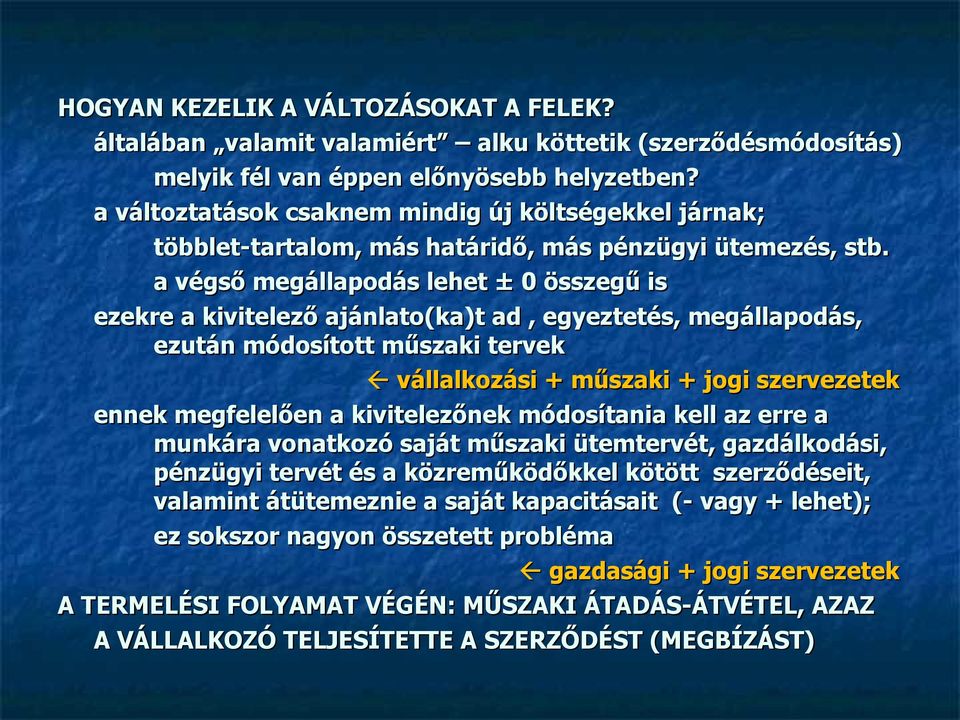 a végső megállapodás lehet ± 0 összegű is ezekre a kivitelező ajánlato(ka)t ad, egyeztetés, megállapodás, ezután módosított műszaki tervek vállalkozási + műszaki + jogi szervezetek ennek megfelelően