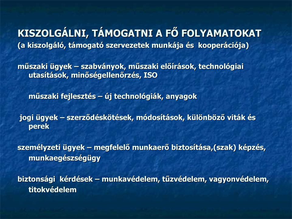 technológiák, anyagok jogi ügyek szerződéskötések, módosítások, különböző viták és perek személyzeti ügyek