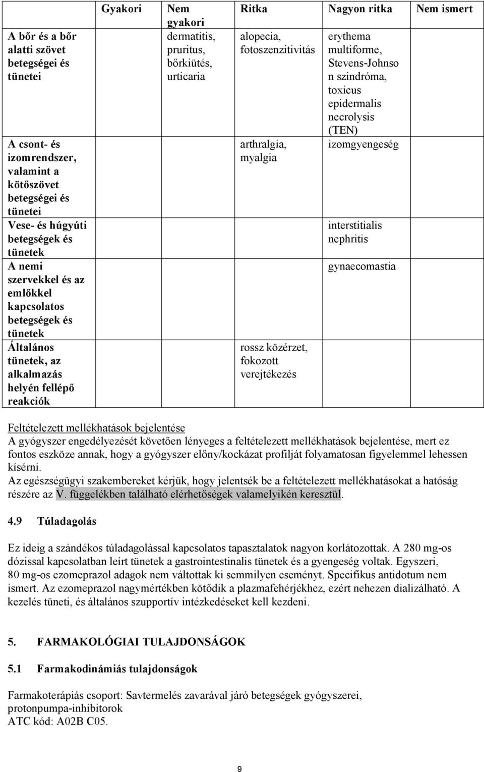 fotoszenzitivitás arthralgia, myalgia rossz közérzet, fokozott verejtékezés erythema multiforme, Stevens-Johnso n szindróma, toxicus epidermalis necrolysis (TEN) izomgyengeség interstitialis