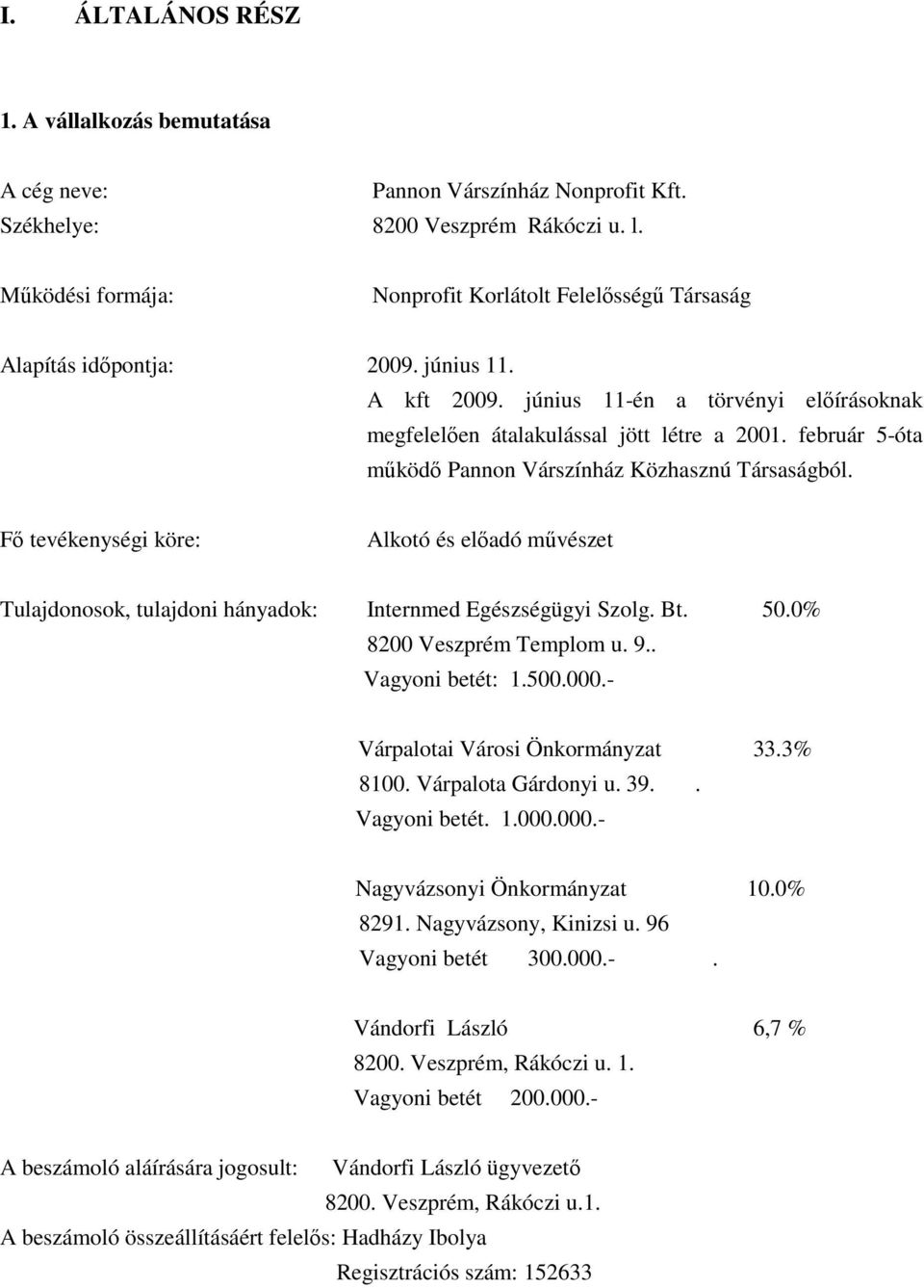 február 5-óta mőködı Pannon Várszínház Közhasznú Társaságból. Fı tevékenységi köre: Alkotó és elıadó mővészet Tulajdonosok, tulajdoni hányadok: Internmed Egészségügyi Szolg. Bt. 50.