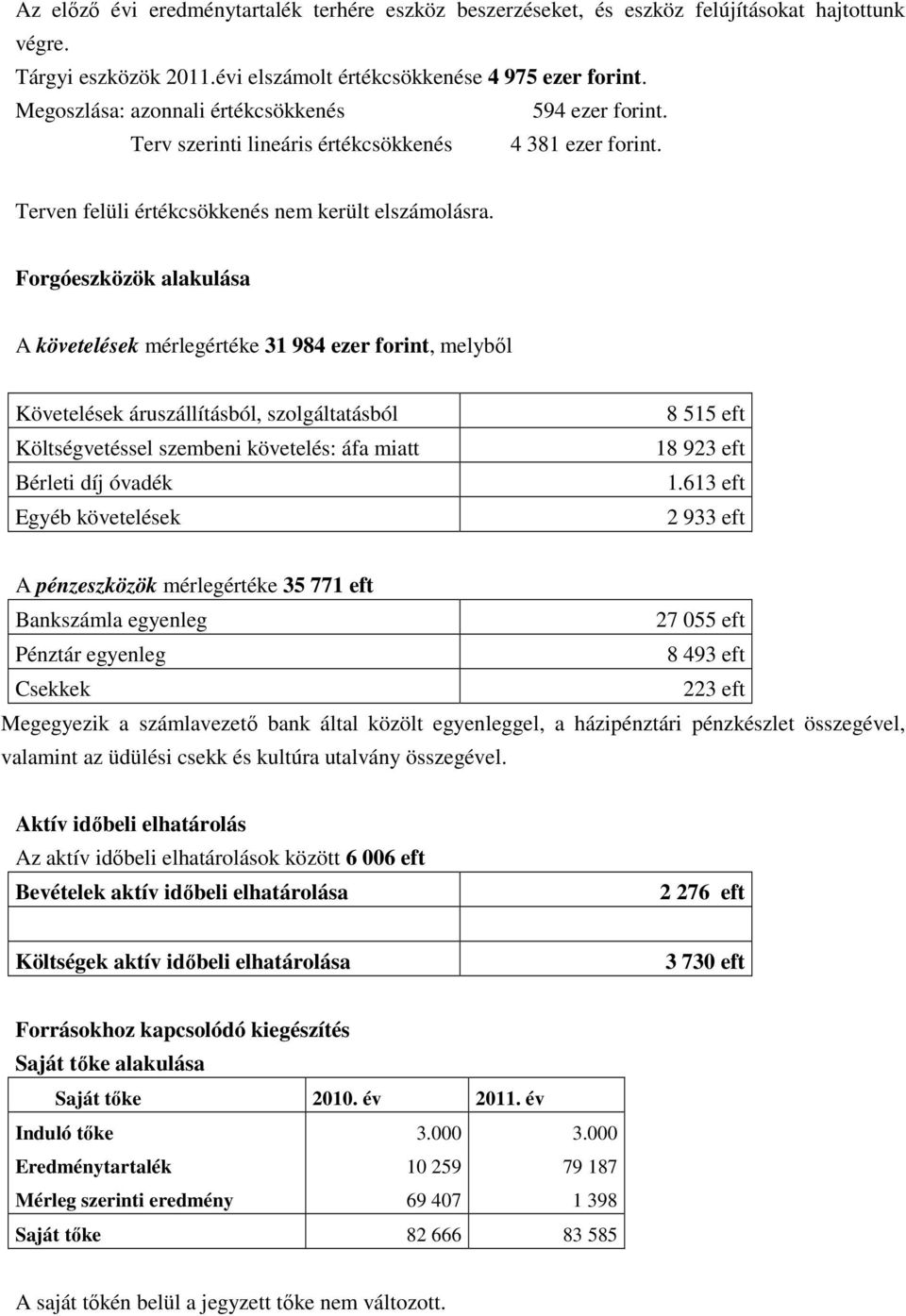 Forgóeszközök alakulása A követelések mérlegértéke 31 984 ezer forint, melybıl Követelések áruszállításból, szolgáltatásból Költségvetéssel szembeni követelés: áfa miatt Bérleti díj óvadék Egyéb