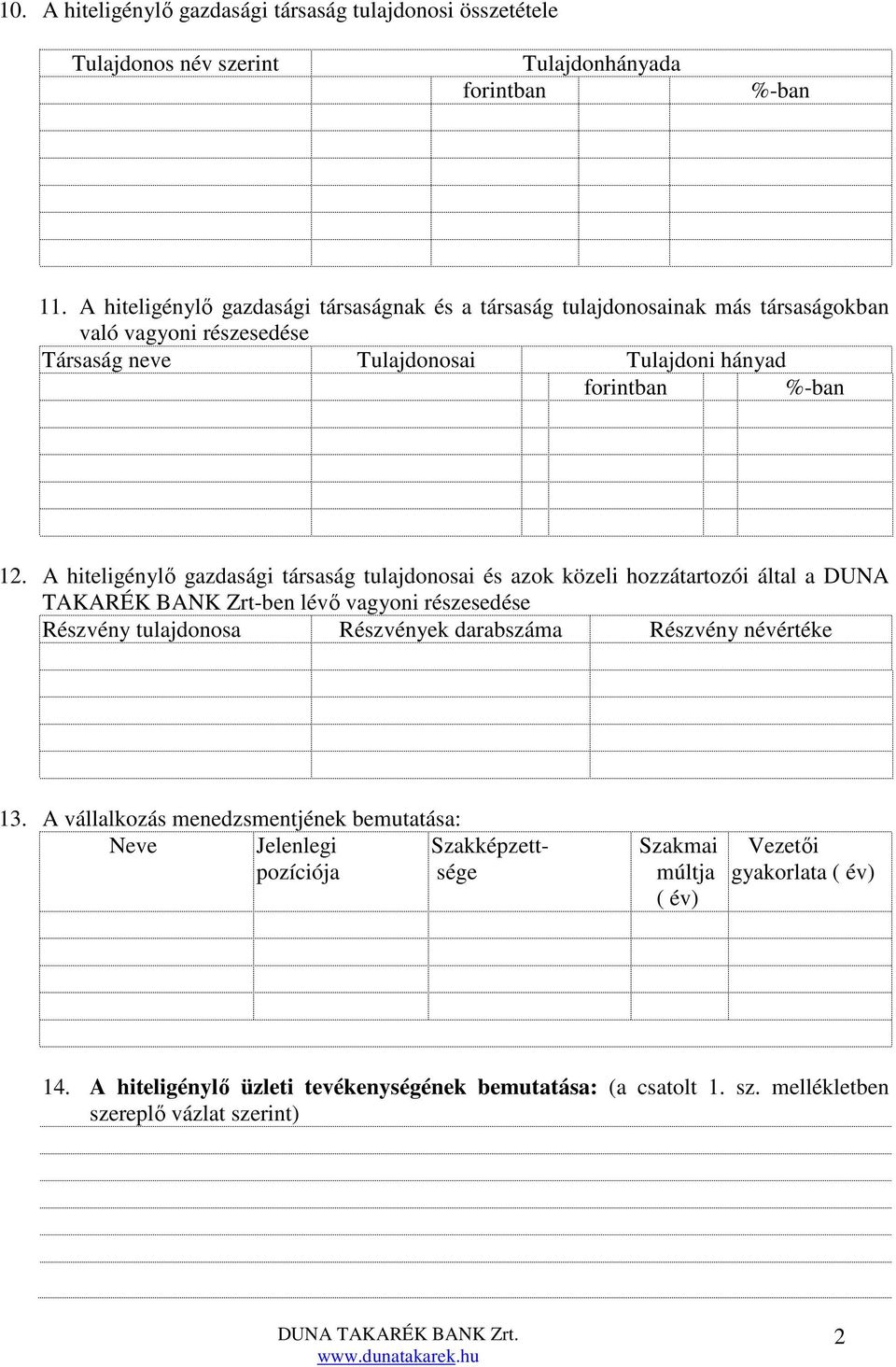 A hiteligénylő gazdasági társaság tulajdonosai és azok közeli hozzátartozói által a DUNA TAKARÉK BANK Zrt-ben lévő vagyoni részesedése Részvény tulajdonosa Részvények darabszáma