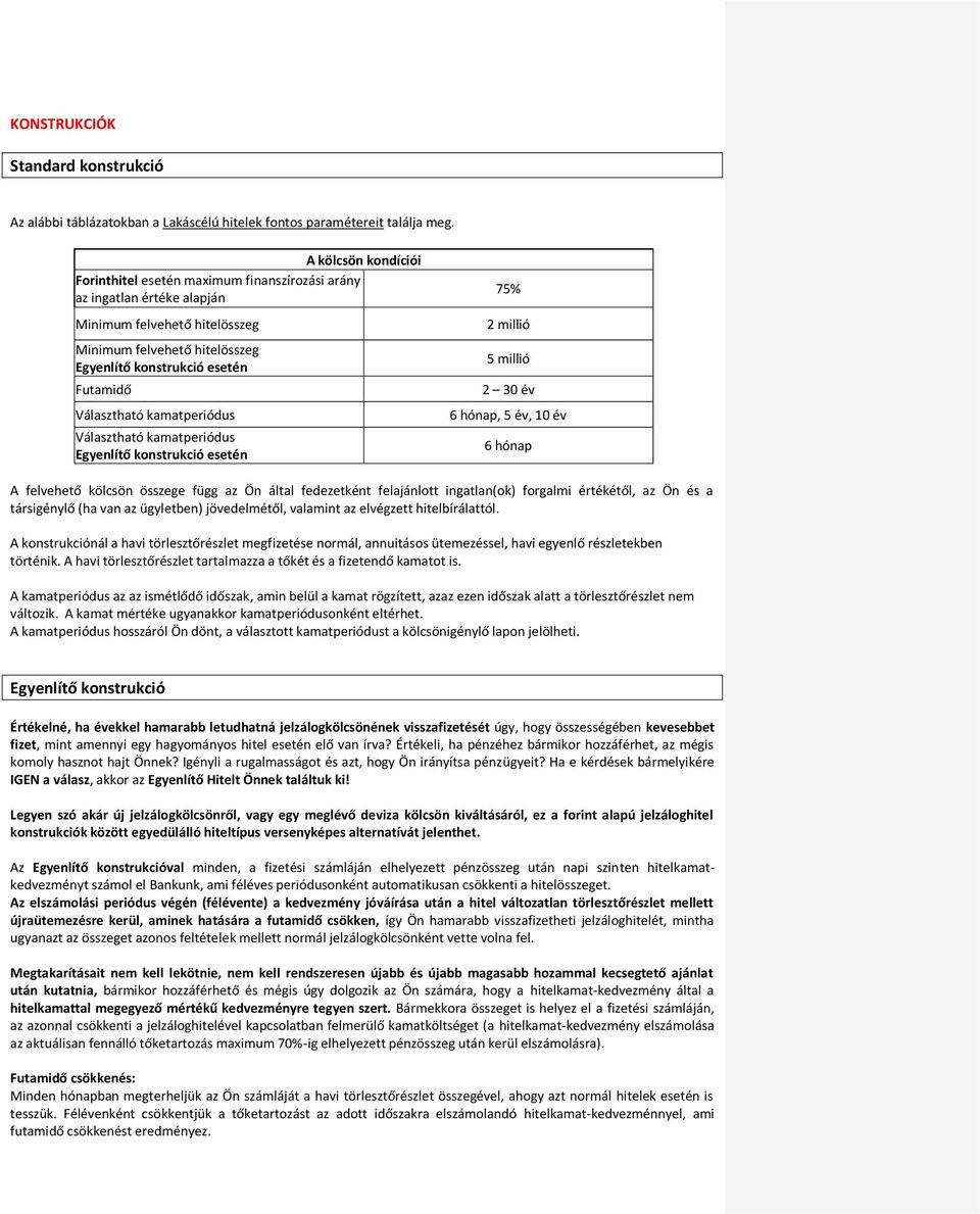 Választható kamatperiódus Választható kamatperiódus Egyenlítő konstrukció esetén 75% 2 millió 5 millió 2 30 év 6 hónap, 5 év, 10 év 6 hónap A felvehető kölcsön összege függ az Ön által fedezetként